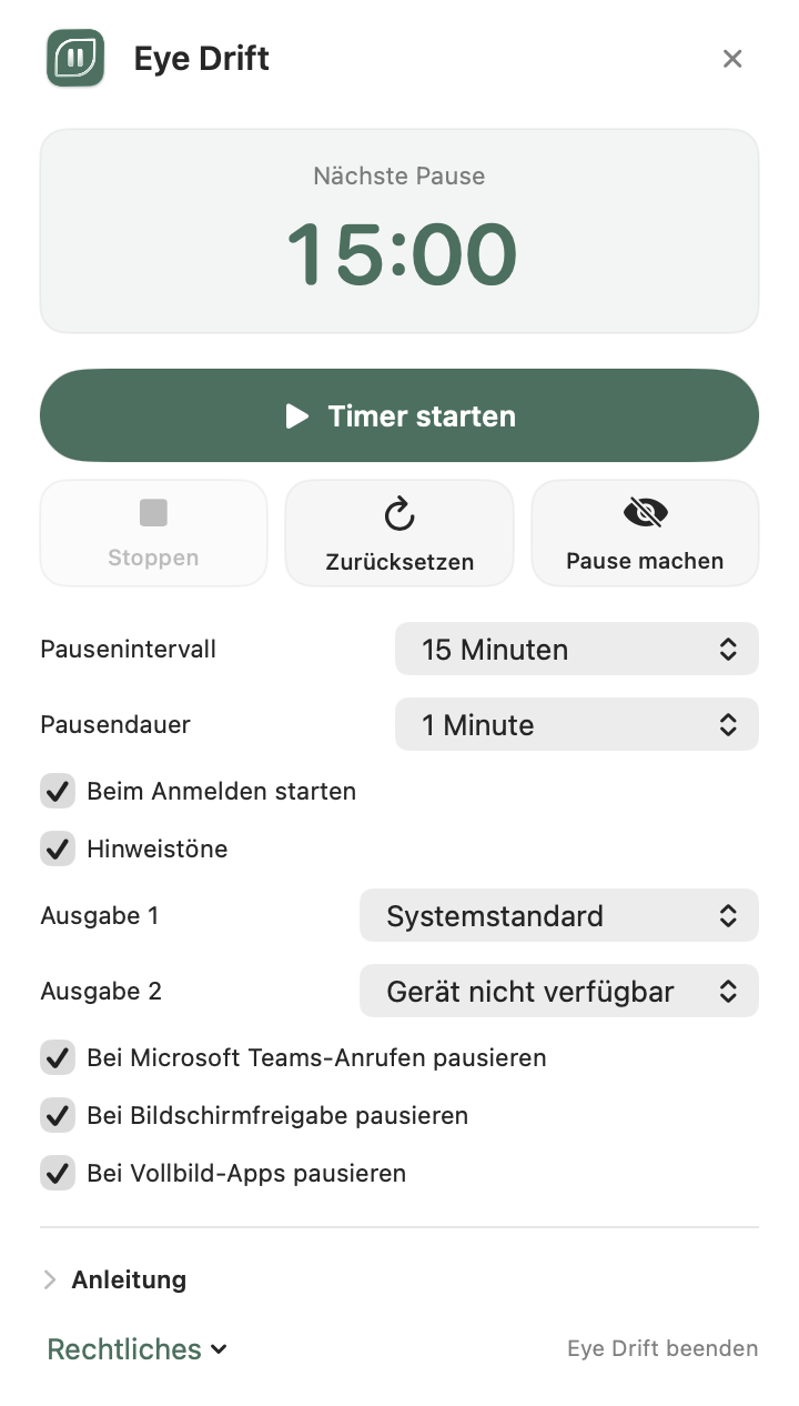 Das Standalone-Fenster von Eye Drift mit Timer, eigenen Pausenzeiten und automatischen Pausen.